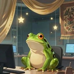 a programming frog in a computer lab with glass walls seeing stars and hanging silk drapery and tapestries, light dust, magnificent, close up, sharp focus, elegant, highly detailed, illustration, by jordan grimmer greg rutkowski wlop maya takamura, intricate, trending artstation, pixiv, digital art