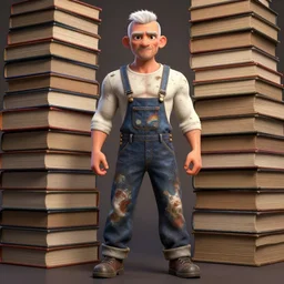 full body pose, beautiful adult fairy, pixar, short white hair shaved sides, ifbb pro bodybuilder physique, face like mr bean, dirty, grungy, grunge, long sleeve, painted overalls, stacks of giant books, highly detailed, 4 k, hdr, smooth, sharp focus, high resolution, award - winning photo, artgerm, photorealistic