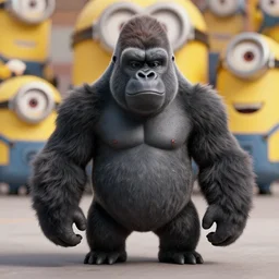 gorilla as gru, hyperrealistic, concept art, octane render, unreal engine 5, trending on artstation, high quality, highly detailed, 8 k hdr, product photo, centered, minions background, soft lighting, path traced, low contrast, high coherence, symmetrical