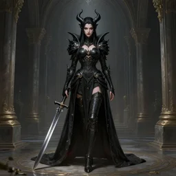 a detailed full body portrait of an uncaring black haired demon girl in a highly detailed architecture, the queen of blades, diablo 4 queen, a beautiful face, by dorian cleavenger, greg rutkowski, wlop, astri lohne, zdzisław beksinski, bastien lecouffe - deharme trending on artstation