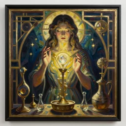 a killian eng art deco style alchemical painting of emma ricknell, oil on canvas, smooth, sharp focus, vibrant volumetric dark natural light, dark enlightenment, alchemy, citrinitas.