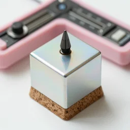 high fidelity film photographic anthropological study. iridescent hard surface cube, cork base, rubber nibs, user interface. worn chrome. pastel pink plastic casing. motorised sliders. three point light. soft focus.