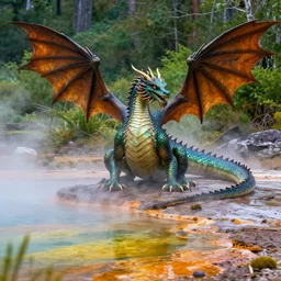 highly detailed photograph of a dragon in a steaming colorful hotspring with woodland forest backdrop, featured on artstation