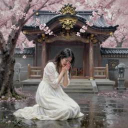 a crying woman in a white gown kneeling at a beautiful shrine under a cherry blossom tree, rainy wet, ultradetailed, hd 8 k, oil on canvas, detailed brushstrokes