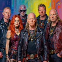 apocalyptic scifi orcish biker characters standing together, professional group photo, psychedelic vibrant colors, futuristic punk rock fashion, oil painting by michael whelan art, perfect faces, sharp focus, detailed eyes, realistic, leather jacket, 8 k