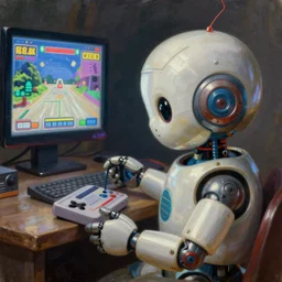an elaborate cute robot holding a retro game controller in its hand, robot looking at video game in background, intricate details, hyperrealistic oil painting on canvas, deep depth field, hd, hdr, 4 k, 8 k, by gerardo dottori, oil on canvas