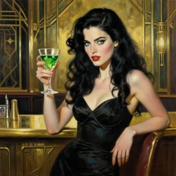 a crafty seductive woman in a cocktail dress holding a glass of absinthe. she has long wavy black hair and green eyes and a direct gaze. she is in a brass retro futuristic art deco bar. beautiful painting by artgerm and greg rutkowski and lois van baarle