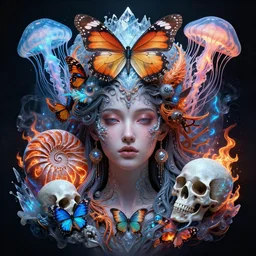 goddess symmetrical centered portrait. butterfly jellyfish phoenix head, nautilus, butterfly, skull, ice and fire, bioluminiscent creatures, intricate artwork by Tooth Wu and wlop and beeple. octane render, trending on artstation, greg rutkowski very coherent symmetrical artwork. cinematic, hyper realism, high detail, octane render, 8k
