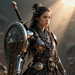 hyper realistic portrait of postapocalyptic death cult monk cyborg girl with sword and shield, beads, gears, machineparts, cinematic, artstation, cgsociety, greg rutkowski, james gurney, mignola, craig mullins, brom vray, redshift, octane
