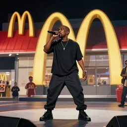 kanye west performing a concert inside a mcdonalds