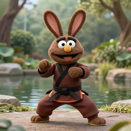 a chocolate brown karate loving muppet bunny wearing cool ninja clothes and practicing her karate out in nature by a pond, photorealistic, photography, ambient occlusion, rtx, national geographic, sesame street