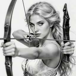 medium shot of beautiful aphrodite goddess as an archer warrior, beautiful piercing eyes, flowing blonde hair, realistic face, black and white drawing, in the style of greg rutkowski, fantasy, amazing detail, epic, intricate, elegant, smooth, sharp focus