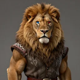 a handsome strong anthropomorphic male lion, with a thick long mane, and brown fur covering his whole body, wearing scandinavian style clothing, blue right eye, red left eye, unreal engine, artstation