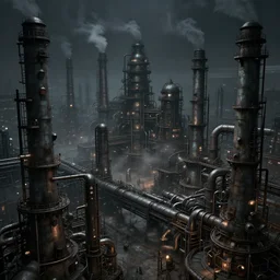 futuristic dystopian endless industrial megafactory complex, smokestacks, pipelines and ducts and vents, matte painting, steampunk, smoke, night, gloomy, dark, dramatic, cinematic, elevated view