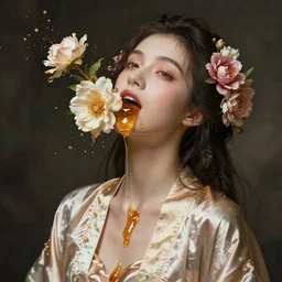 portrait of a girl, in a silk robe, honey dripping down her top to bottom, flowers erupting out of her mouth, hyperrealistic, more details with flowers and honey