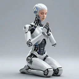 robot kneeling on the ground and praying with folded hands, female face, cyberpunk cyborg, sci - fi, intricate abstract upper body intricate artwork, by tooth wu, wlop, beeple, dan mumford. concept art, octane render, deviantart, greg rutkowski, cinematic arthouse, key art, hyper realism, iridescent accents