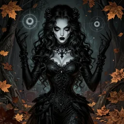beautiful stella maeve magician, black magic spells, in the style of rafeal albuquerque comicbook cover art, realistic character concept, creepy pose, spooky, symmetrical face and body, volumetric lighting, detailed realistic symmetrical eyes, 8 k, insanely detailed and intricate elegant, autumn leaves, norman rockwell, thomas kinkade