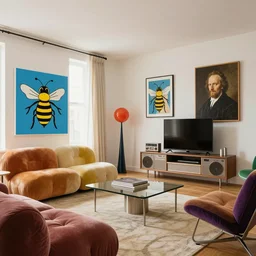 retro futuristic apartment, 7 0 s hi fi system, funky furniture, modern art, beeple, rembrandt, cgisociety