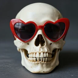 by philip caza. skull wearing heart shaped sunglasses.