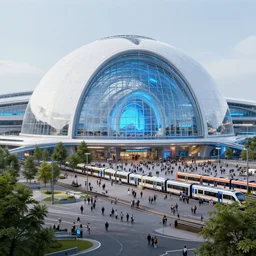 outside view of futuristic liege, belgium and giant white glass and metallic dome train station with blue lights, volumetric light, crowded square, trains, trees, hyperdetailed, artstation, cgsociety, 8 k