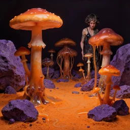 a slimy oozy mushroom garden by simon stalenhag and hubert robert and zacharias aagaard and gillis rombouts and greg rutkowski, hyperrealism!, orange sand, purple rocks, chiaroscuro!!!!, tonalism!, desaturation, high contrast, vibrant!, highly detailed, volumetric light