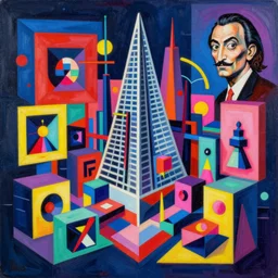 A surreal neon painting of Zaha hadid 4d kandinsky cityscape made of cubism futuristic picasso rooms in 4 point perspective by Vladimir kush and dali and kandinsky, 3d, realistic shading, complimentary colors, vivid neon colors, aesthetically pleasing composition, masterpiece, 8k, ultra realistic, super realistic
