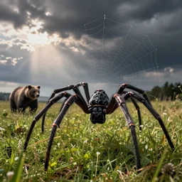 photo of a giant black spider arachnid in a meadow standing infront of a bear in the distance, spider legs large, spider, orb weaver spider