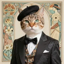 Pretty catboy in his twenties wearing fancy clothes. Beautiful digital art by Greg Rutkowski and Alphonse Mucha