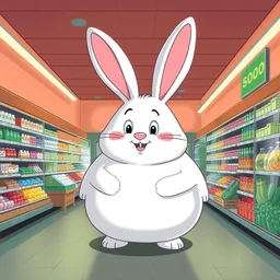 an incredibly realistically drawn grocery store with a giant fat cartoon rabbit scp inside.