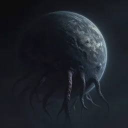 a dark colored planet, shadow colored tentacles sticking out of the side, in the style of eldritch horror