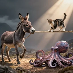 a donkey is playing tug - of - war against an octopus. the donkey holds the rope in its mouth. a cat is jumping over the rope