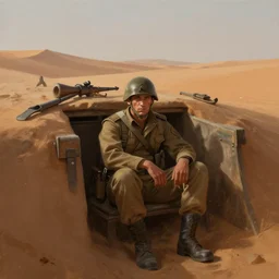 beautiful digital painting of a soldier in a trench waiting for the war to end, in the sahara desert. cinematic lighting, atmospheric, emotions, concept art by greg rutkowski,