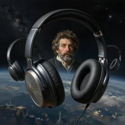 headphones floating in space, by wayne barlowe, by gustav moreau, by goward, by gaston bussiere, by roberto ferri, by santiago caruso, by luis ricardo falero, by austin osman spare, by saturno butto