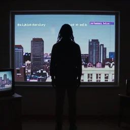 single shot, full shot, a dimly lit room, silhouette of eerie figure against the window, city skyline view from window, vhs look, scanlines, vhs artifact, crt monitor, ralph horsley, tyler edlin, johannes helgeson, 1 9 9 0 s,