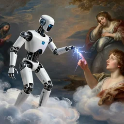 modern mechanical robot on the clouds touching is touching a human with ligtning fingers, classical religious painting
