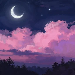 painting of night sky in horizontal layers. The top layer has a crescent moon and many stars are in a dark cloudless layer of sky. The middle layer is filled by pink and purple ombre puffy fluffy puffy clouds close to the horizon. the bottom layer of the painting has dark silhouettes of trees forest that merge into the pink clouds above. Artstation. Deviantart.