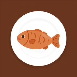 a fish shaped brown sausage on a plate, simple stylished icon
