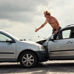 colour photograph of shirtless geert wilders attacking and wrecking a car with bat in amsterdam, fire, smoke, atmospheric lighting, by joel meyerowitz, by saul leiter