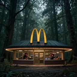 pristine mcdonald's in the apocalyptic forest, horror