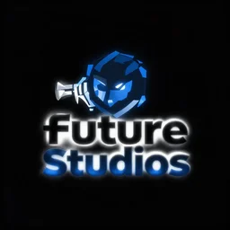 logo for the rebranded machinima filmmaker hobbyist studio the future studios. pure black background. blue on black. logo.