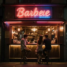 night scene in front of bar, neon sign, romantic couples