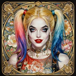symmetry portrait of floral harley quinn, intricate, elegant, highly detailed, digital painting, artstation, concept art, smooth, sharp focus, illustration, art by artgerm and greg rutkowski and alphonse mucha, 8 k