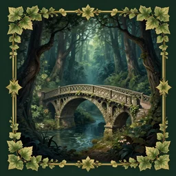 book cover!!!!!!!!!!!!, old bridge, ivy leaves graphic vectors at each border, fantasy forest landscape, fantasy magic, light night, intricate, elegant, sharp focus, illustration, highly detailed, digital painting, concept art, matte, art by wlop and artgerm and ivan shishkin and andrey shishkin, masterpiece