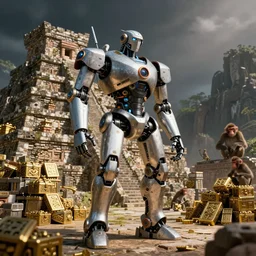 Robot conquistadors, mayan temple piles of treasure, monkeys in the background
