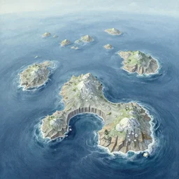 drone photography with delicate gouache embellishments this is a land on an unforgiving world of churning oceans and jagged coastlines. every habitable island is situated somewhere along the planet's equator where the weather is still volatile but more hospitable than any points to the north or south, dutch angle
