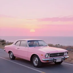 an old 1 9 8 0 s car parked off the road, sunset, ocean in distance, pink, oil painting, pale colors, high detail, 8 k, wide angle, trending on artstation,