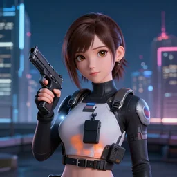 photographic portrait of a 2d techwear woman holding a gun, closeup, on the rooftop of a futuristic city at night, sigma 85mm f/1.4, 4k, depth of field, high resolution, 4k, 8k, hd, full color