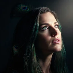 dramatic lighting portrait of a jennifer garner with peacock hair. moody and melancholy. dark background with powerful backlight. enhanced eye details with reflection, looking up. digital art by beeple and artgerm