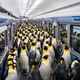 commuter train full of penguins