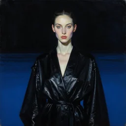 hyperrealism mixed with classicism, oil painting, close - up portrait of fashion model melting cyborg, fully clothes in black reflect robe, complete darkness, space background mixed with dark blue watter, minimalism, in style of classicism mixed with 8 0 s sci - fi hyperrealism